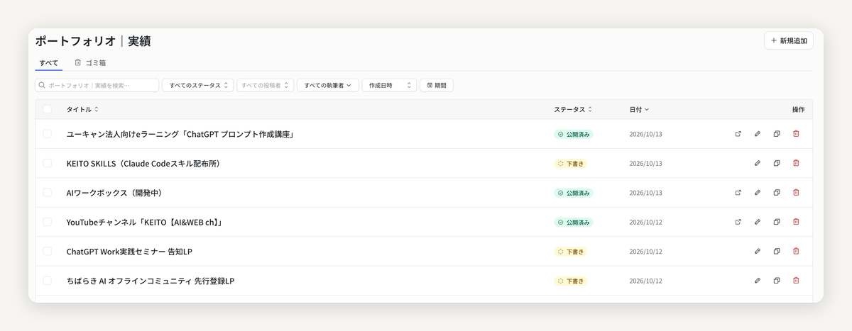 ポートフォリオの実績の一覧。「公開済み」と「下書き」がひと目でわかります